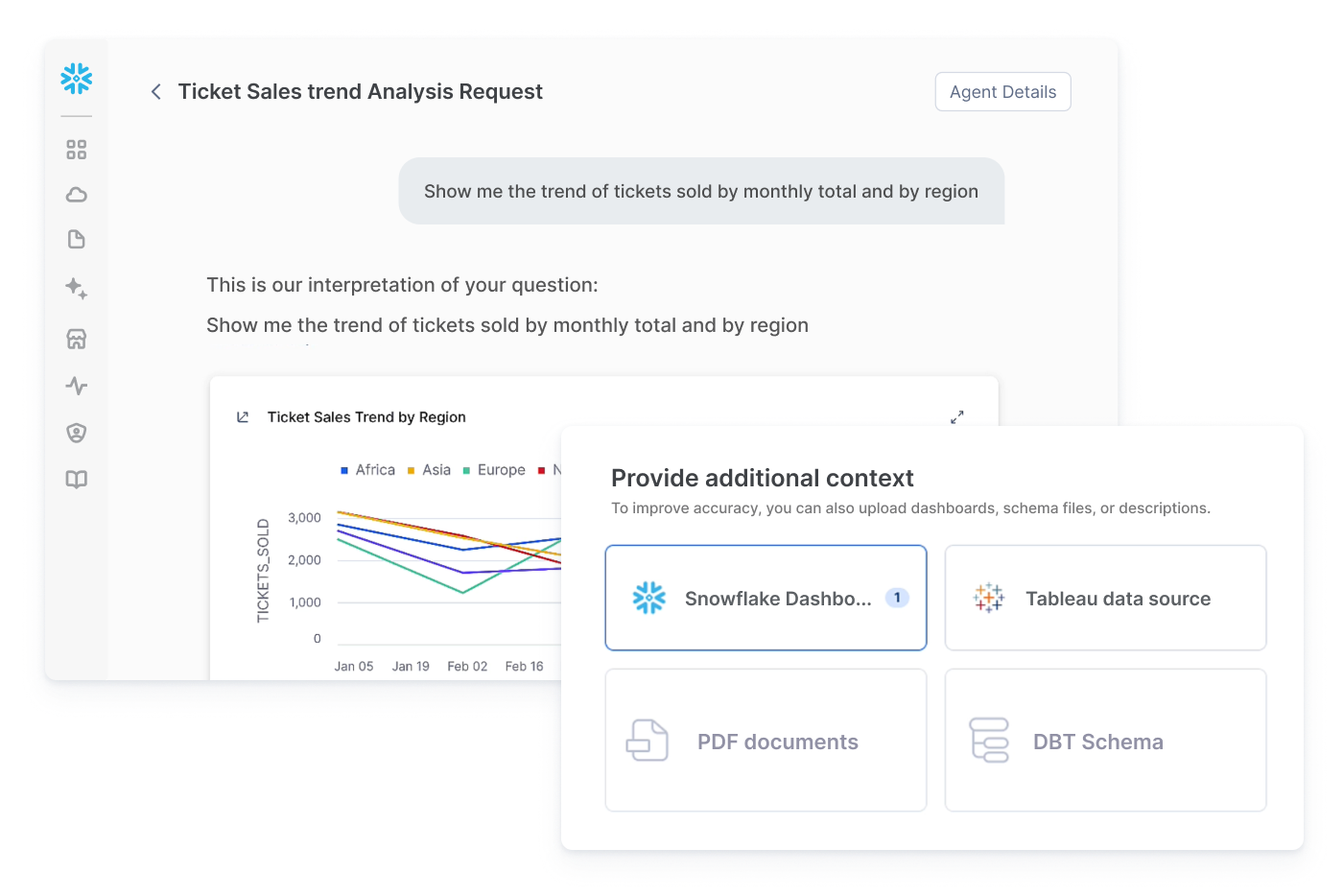 Screenshot of a Snowflake Dashboard showcasing Cortex Agents